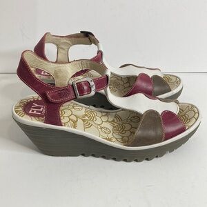 Fly London Shoes Womens 39 8 8.5 Pink Taupe Yila T Strap Peep Toe Wedge Sandal